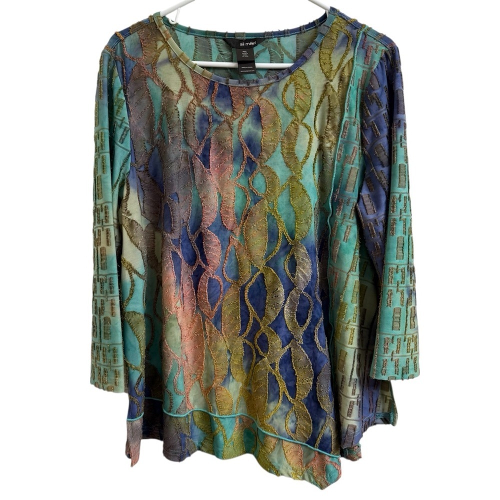 Ali Miles Womens Size PXL Green Watercolor Textured Asymmetrical Artsy Tunic Top